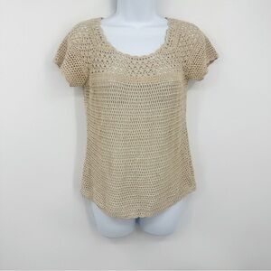 Vintage Y2K Tan Crochet Short Sleeve Shirt Size Petite XS Boho Festival Fairy